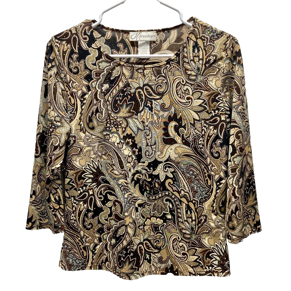 Vintage Dress Barn Blouse Women's Medium Brown Paisley Shimmer 3/4 Sleeve EUC